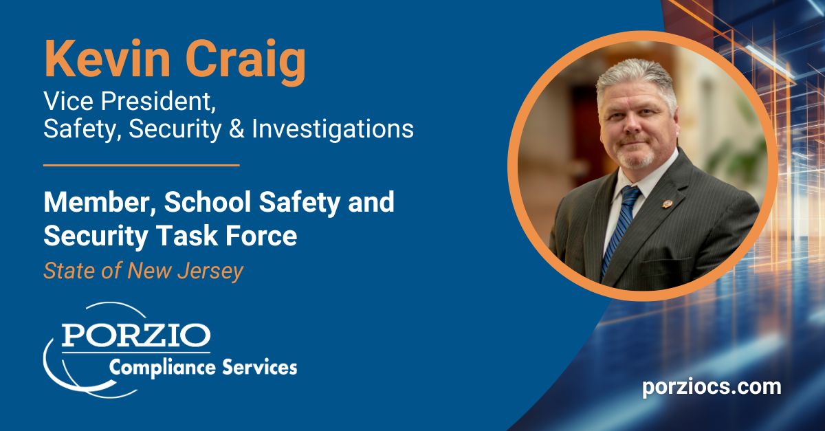 Graphic announcing Kevin Craig as a member of the New Jersey School Safety and Security Task Force, featuring his name, title, and Porzio Compliance Services branding on a blue background.